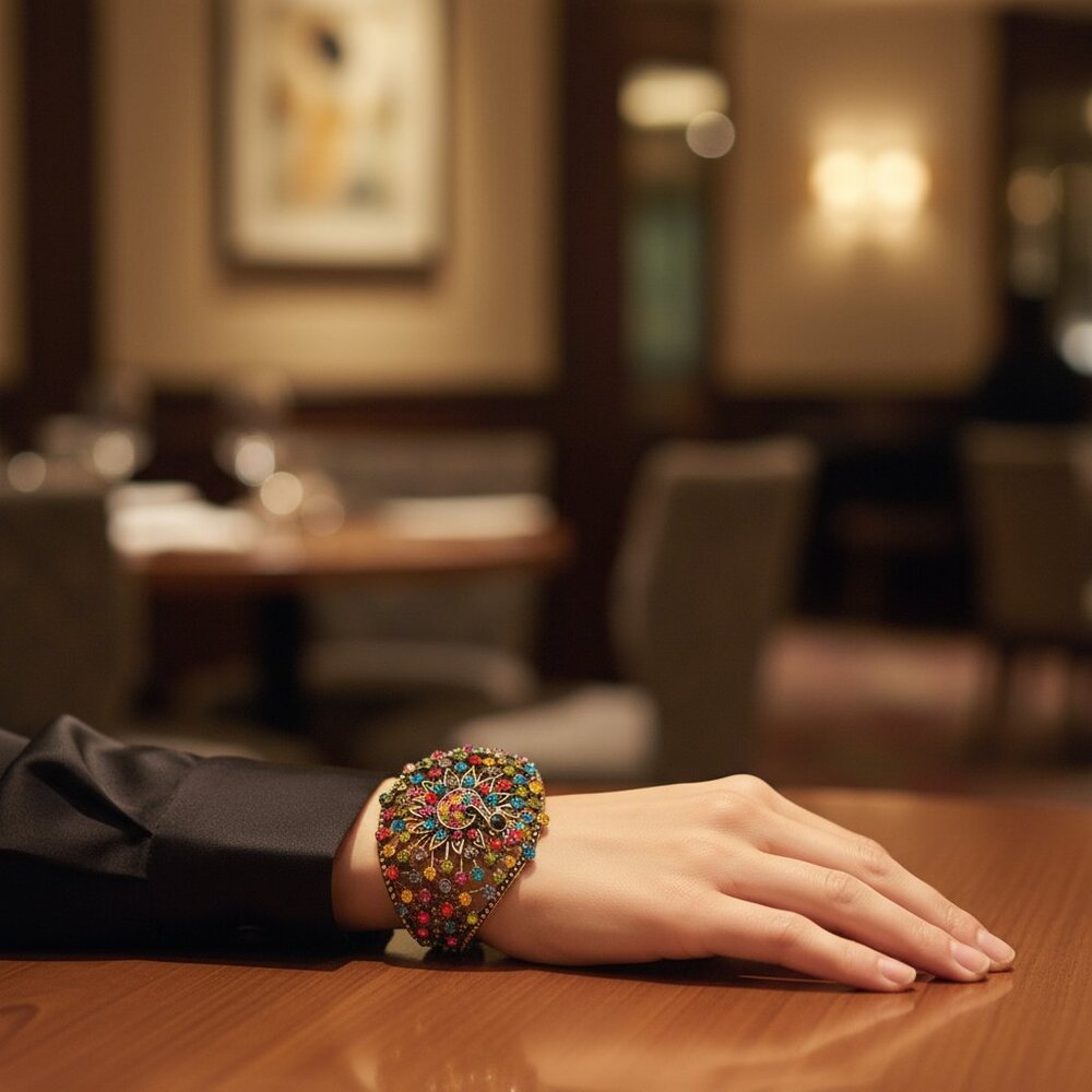 Large Peacock Bracelet Multi Colors Rhinestone, Vintage 90s